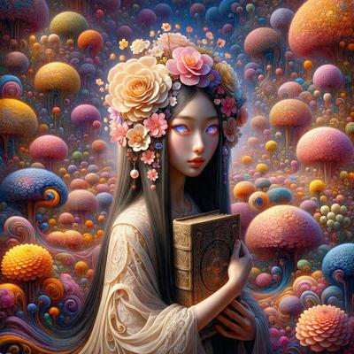The primary subject of the image is a woman with long hair, wearing a flower crown and holding a book. She is surrounded by a vibrant and colorful environment, which includes a variety of mushrooms and other decorative elements. The visual style of the image is a combination of digital art and illustration, creating a whimsical and imaginative atmosphere. The colors and mood of the image are predominantly bright and cheerful, with a touch of fantasy and creativity.